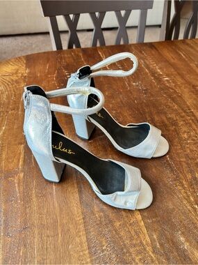 Lulu's Metallic Silver Block Heel Sandals with Ankle Strap